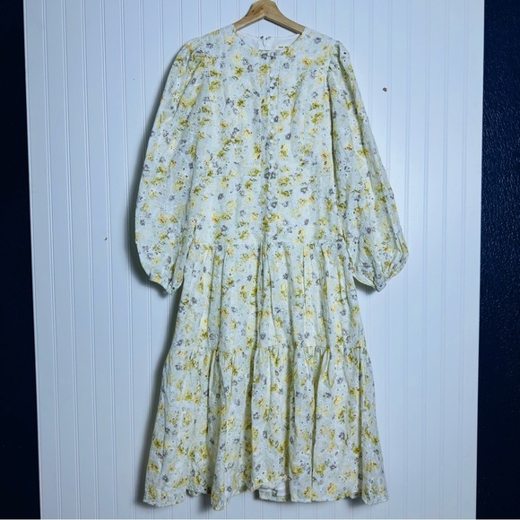 JUST ME LONG SLEEVE BUTTON UP TIERED EYELET FLORAL MIDI DRESS M - Picture 3 of 12